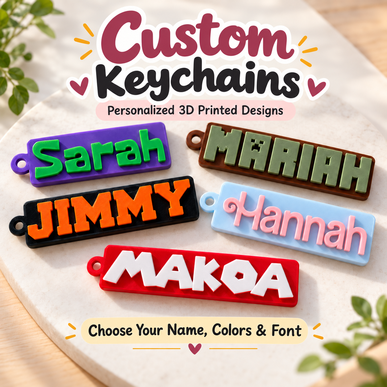 Colorful personalized name keychain design examples including Sarah, Hannah and Makoa