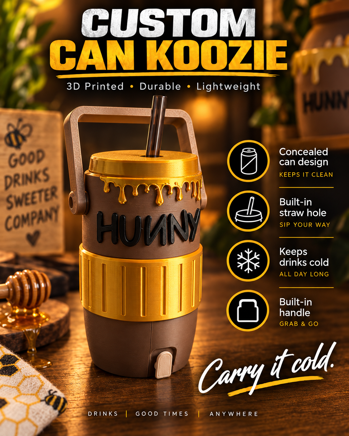 Hunny themed custom can koozie promotional design example